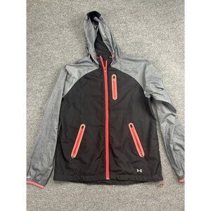 Under Armour Jacket Womens Large Black Gray Hooded Full Zip UA Storm Windbreaker